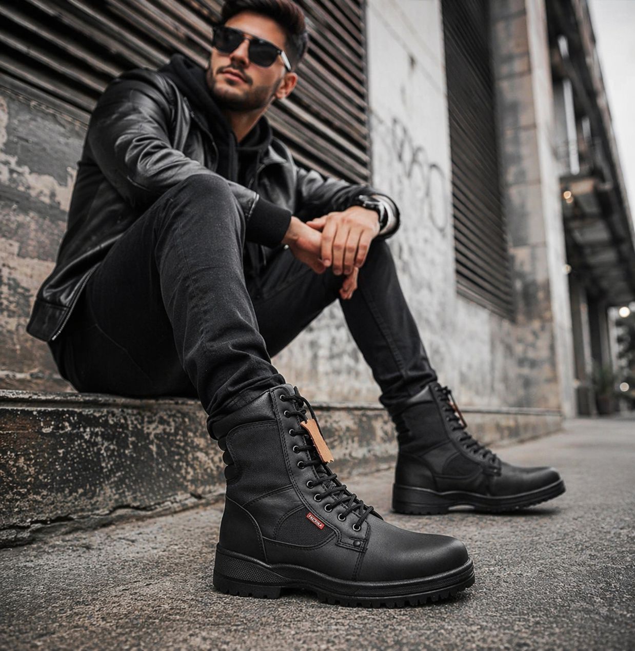 Bota táctica de piel Trébol Con Punta De Acero Negra y Arena
