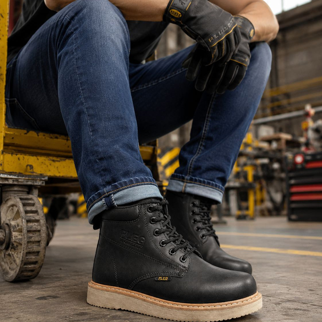 Bota de Trabajo Pleg Working Negra | Suela Hule Cocida Mil Rayas | FIORELLA MX